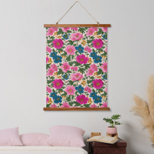 Rustic Vintage Blue and Pink Floral Pattern Hanging Tapestry