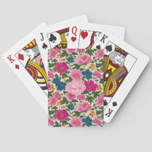 Rustic Vintage Blue and Pink Floral Pattern Playing Cards