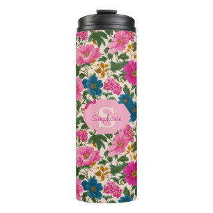 Rustic Vintage Blue and Pink Floral Pattern Thermal Tumbler