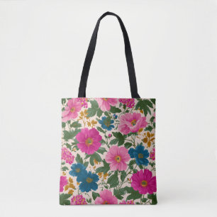 Rustic Vintage Blue and Pink Floral Pattern Tote Bag