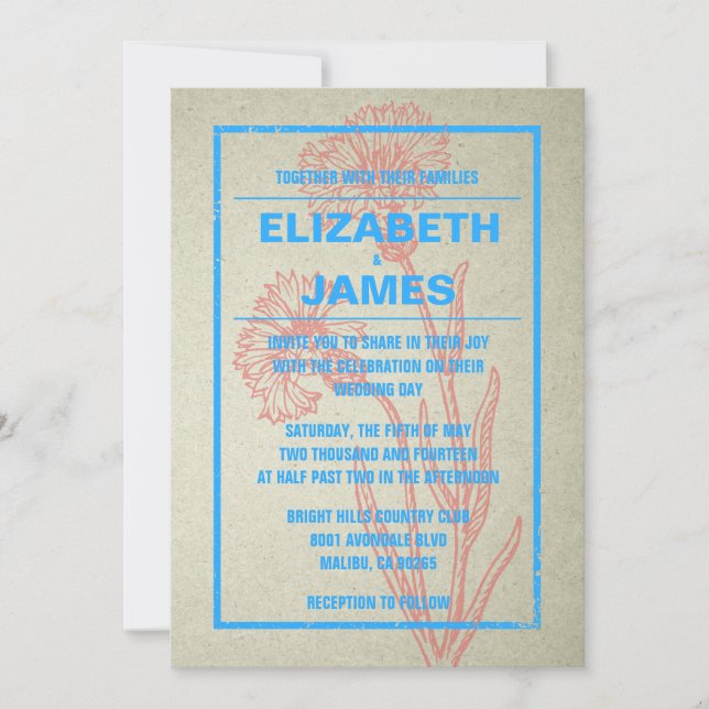Rustic Vintage Blue And Red Wedding Invitations (Front)