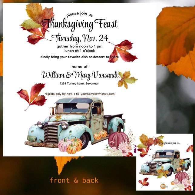 Rustic Vintage Blue Truck Thanksgiving Invitation (Creator Uploaded)