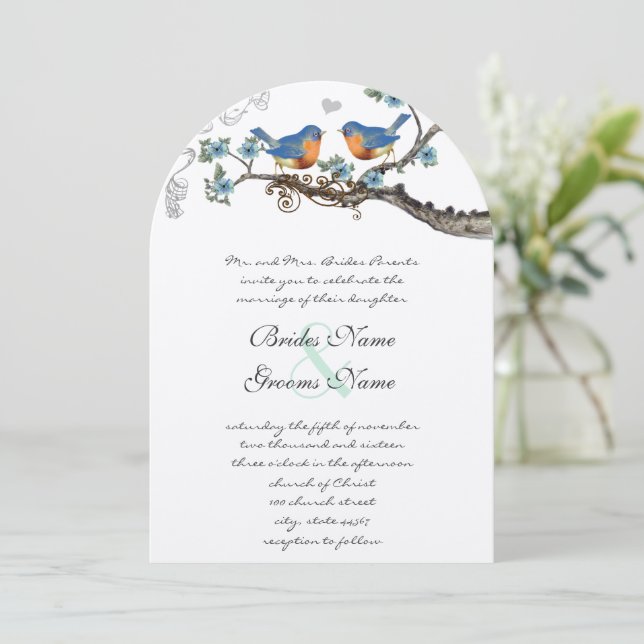 Rustic Vintage Bluebirds Wedding Invitations (Standing Front)