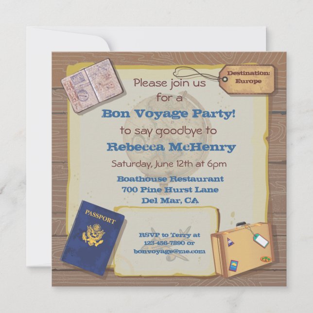 Rustic Vintage Bon Voyage Party Invitation (Front)