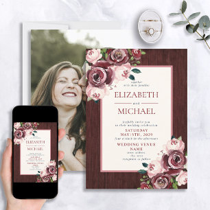 Rustic Vintage Burgundy Blush Pink Photo Wedding Invitation