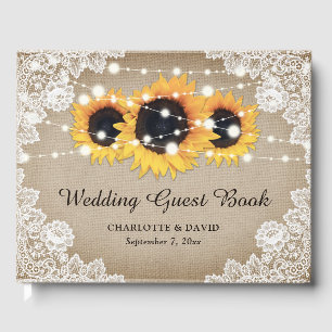 Rustic Vintage Burlap and Lace Sunflower Wedding Guest Book