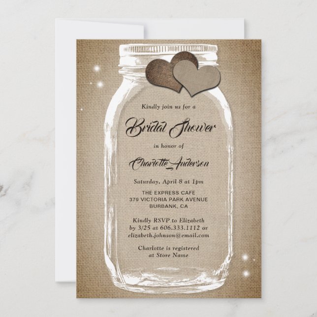 Rustic Vintage Burlap Mason Jar Bridal Shower Invitation (Front)