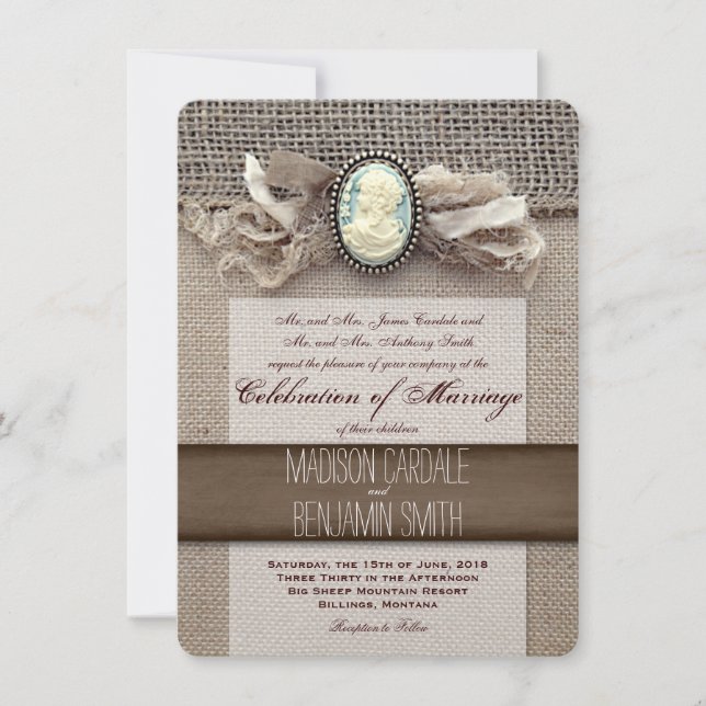 Rustic Vintage Cameo Brooch Burlap Wedding Invites (Front)