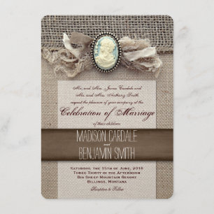 Rustic Vintage Cameo Brooch Burlap Wedding Invites