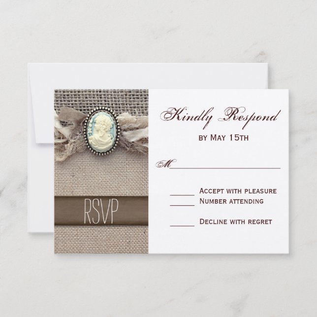 Rustic Vintage Cameo Brooch Burlap Wedding RSVP Card (Front)