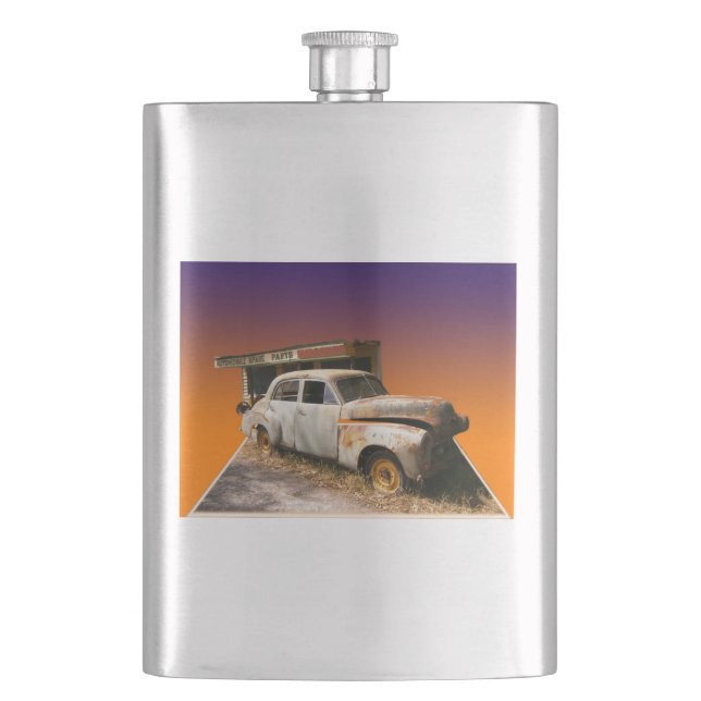 Rustic Vintage Car And Garage, Hip Flask (Front)
