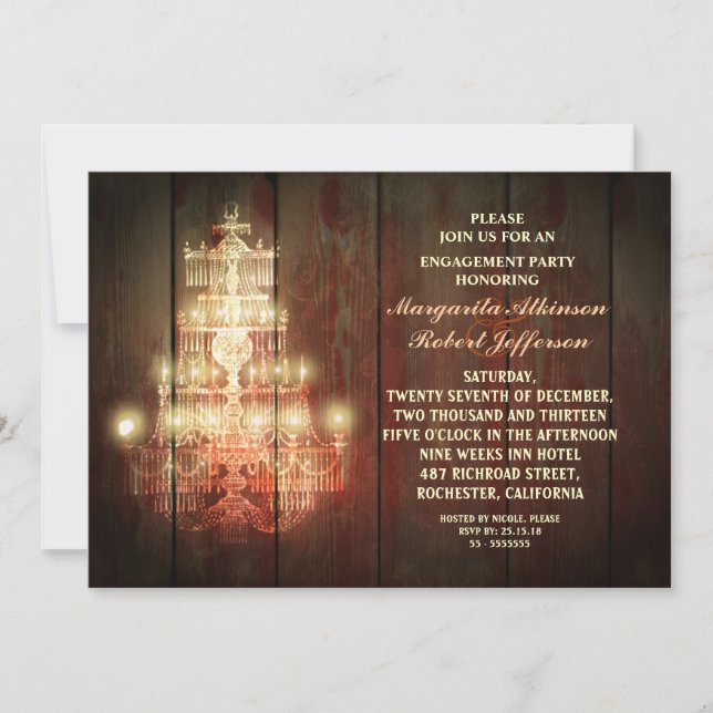 rustic vintage chandelier engagement party invites (Front)