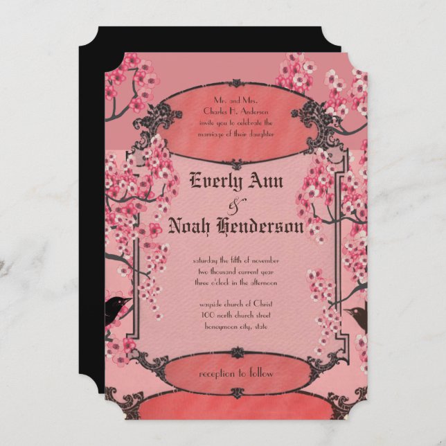 Rustic Vintage Cherry Blossom Art Deco Wedding Invitation (Front/Back)