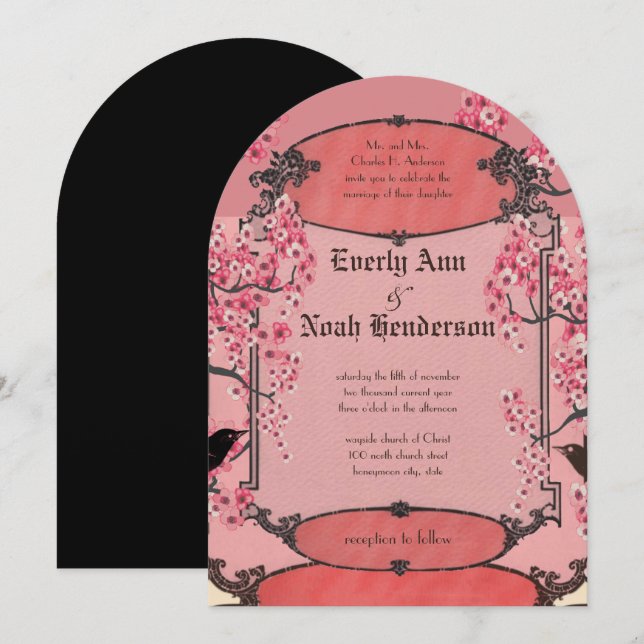 Rustic Vintage Cherry Blossom Art Deco Wedding Invitation (Front/Back)