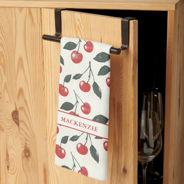 Rustic Vintage Cherry Pattern Tea Towel (Thirds Fold)