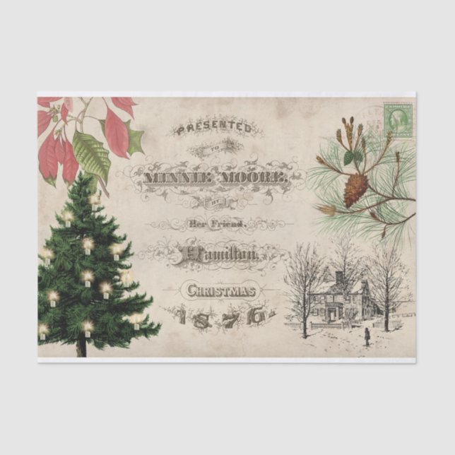 Rustic Vintage Christmas Botanical Ephemera Tissue Paper (Front)