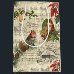 Rustic Vintage Christmas Music Floral Ephemera Medium Gift Bag<br><div class="desc">Warm and nostalgic seamless vintage pattern featuring Santa portrait,  holly,  poinsettia,  bells and robin perched on a pine bough with Silent Night sheet music,  engraved rustic homestead and distressed ecru harlequin diamond pattern on buff parchment background.</div>