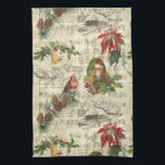 Rustic Vintage Christmas Music Floral Ephemera Tea Towel<br><div class="desc">Warm and nostalgic seamless vintage pattern featuring Santa portrait,  holly,  poinsettia,  bells and robin perched on a pine bough with Silent Night sheet music,  engraved rustic homestead and distressed ecru harlequin diamond pattern on buff parchment background.</div>