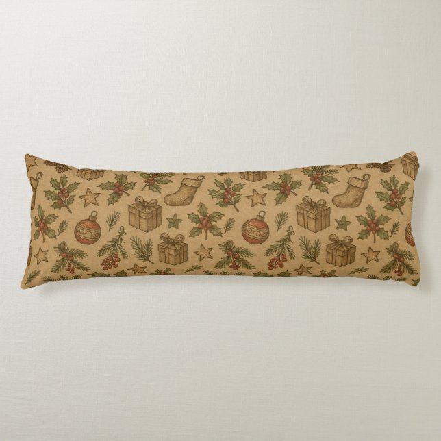 Rustic, vintage Christmas patterned Body Cushion (Front)