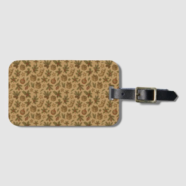 Rustic, vintage Christmas patterned Luggage Tag (Front Horizontal)