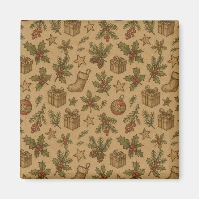 Rustic, vintage Christmas patterned Magnet (Front)