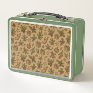Rustic, vintage Christmas patterned Metal Lunch Box