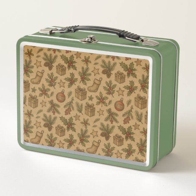 Rustic, vintage Christmas patterned Metal Lunch Box (Front)