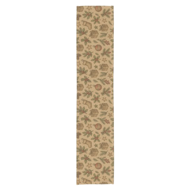 Rustic, vintage Christmas patterned Short Table Runner (Front)