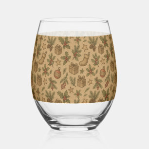 Rustic, vintage Christmas patterned Stemless Wine Glass
