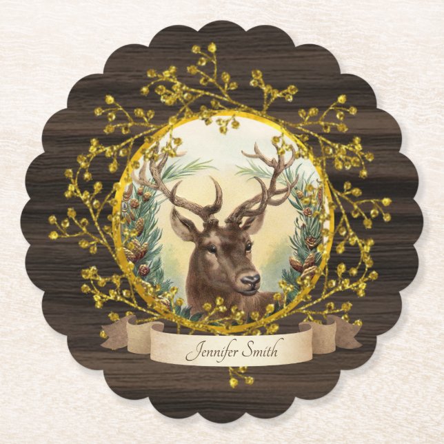 Rustic Vintage Christmas STAG Party Personalised Paper Coaster (Front)