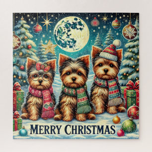 Rustic Vintage Christmas Terrier Yorkshire Dog Jigsaw Puzzle