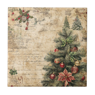 Rustic Vintage Christmas Tree Pinecone Pattern Ceramic Tile