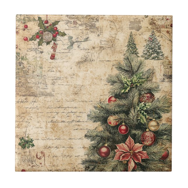 Rustic Vintage Christmas Tree Pinecone Pattern Ceramic Tile (Front)