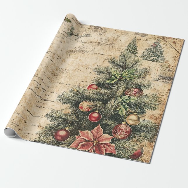 Rustic Vintage Christmas Tree Pinecone Pattern Wrapping Paper (Unrolled)
