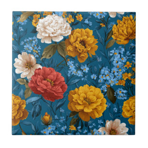 Rustic Vintage Colorful Floral Pattern in Blue Ceramic Tile