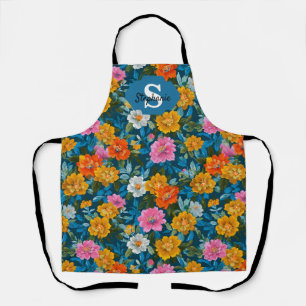 Rustic Vintage Colourful Floral Pattern in Blue (2 Apron