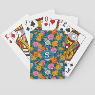 Rustic Vintage Colourful Floral Pattern in Blue (2 Playing Cards