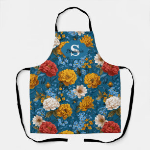 Rustic Vintage Colourful Floral Pattern in Blue Apron