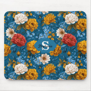Rustic Vintage Colourful Floral Pattern in Blue Mouse Pad