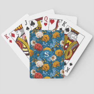 Rustic Vintage Colourful Floral Pattern in Blue Playing Cards