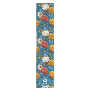 Rustic Vintage Colourful Floral Pattern in Blue Short Table Runner