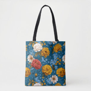 Rustic Vintage Colourful Floral Pattern in Blue Tote Bag
