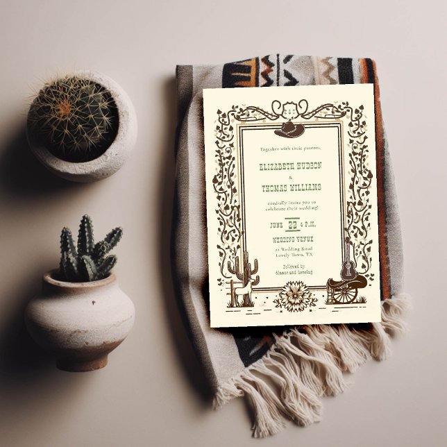 Rustic Vintage Cowboy Wedding Western Sage Green Invitation (cowboy country western wedding invitation botanical frame sage green hat horse cactus rustic elegant)