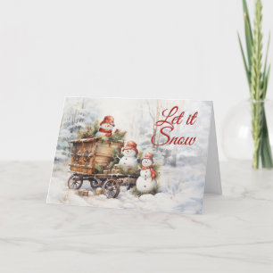 Rustic Vintage Cute Snowmen Woodland Winter Holiday Card