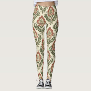 Rustic Vintage Damask Red Green Beige Leggings