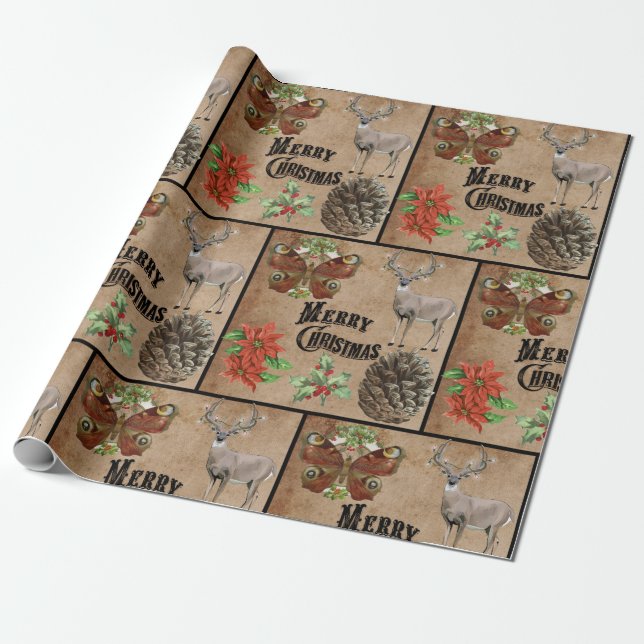 Rustic Vintage Deer Wrapping Paper (Unrolled)