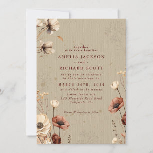 Rustic Vintage Dry wildflowers Burgundy Wedding Invitation