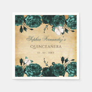 Rustic Vintage Emerald Green Floral Butterfly  Napkin