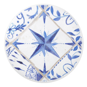 Rustic Vintage Farm Decor Star Blue White Tiles Ceramic Knob