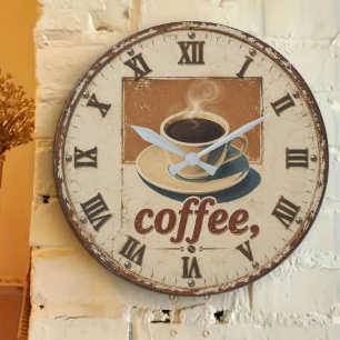Rustic Vintage Farmhouse Kitchen Coffee Cup Large Clock